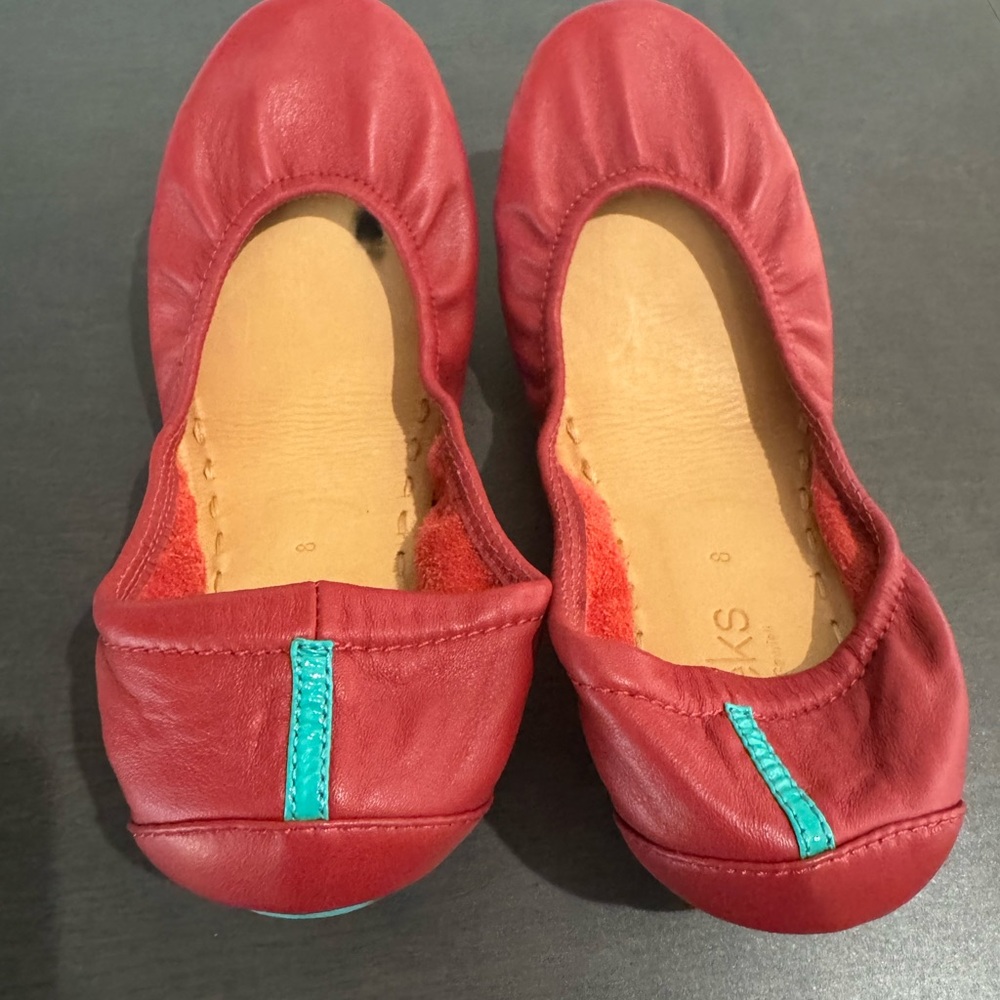 Tieks Red Leather Flats with Teal Accent